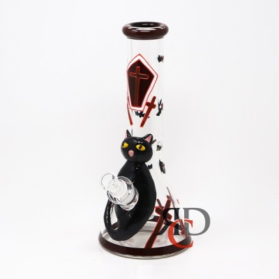 WATER PIPE GLOW IN DARK 7MM BEAKER WITH BLACK CAT AND BATS WP4204
